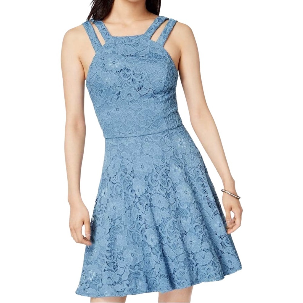 B Darlin Open Back Fit and Flare Lace Halter Dress Blue Small  NWT
